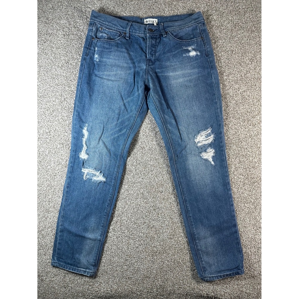 Roxy Boyfriend Jeans Womens 29 Medium Wash Distressed Ripped Denim Relaxed Fit
